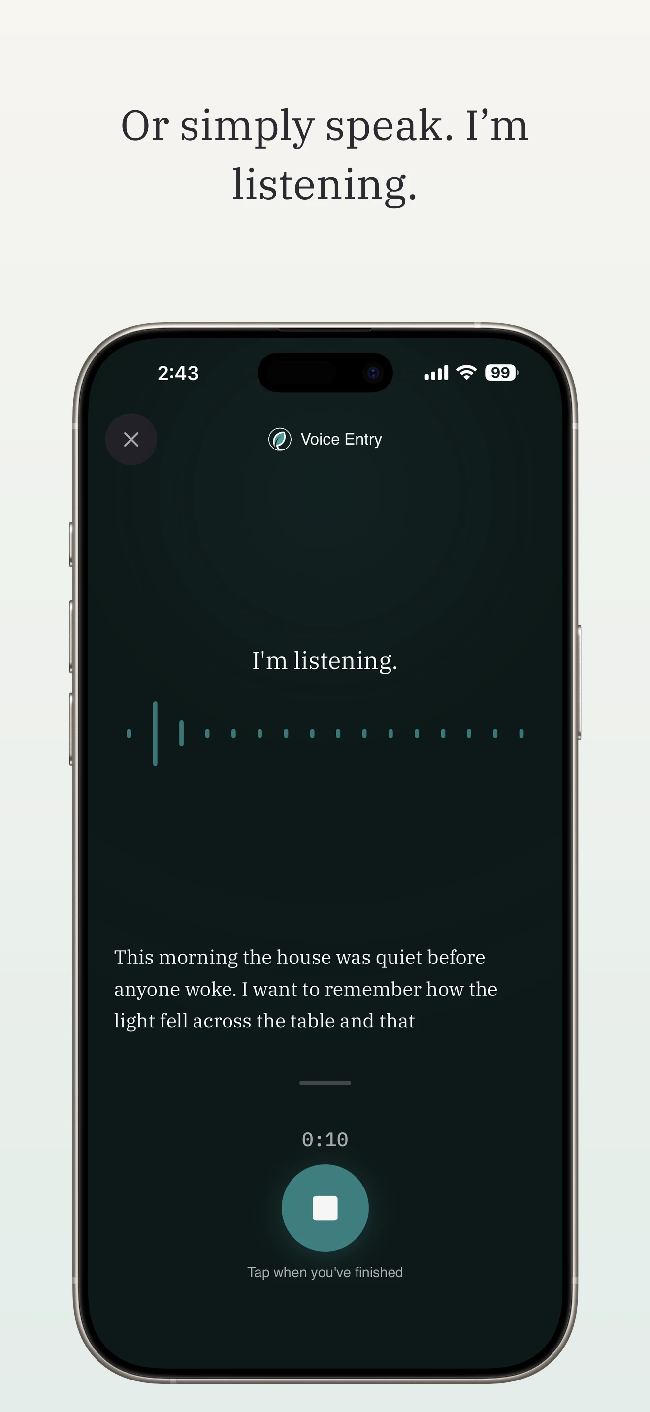 Voice entry — “Or simply speak. I’m listening.”
