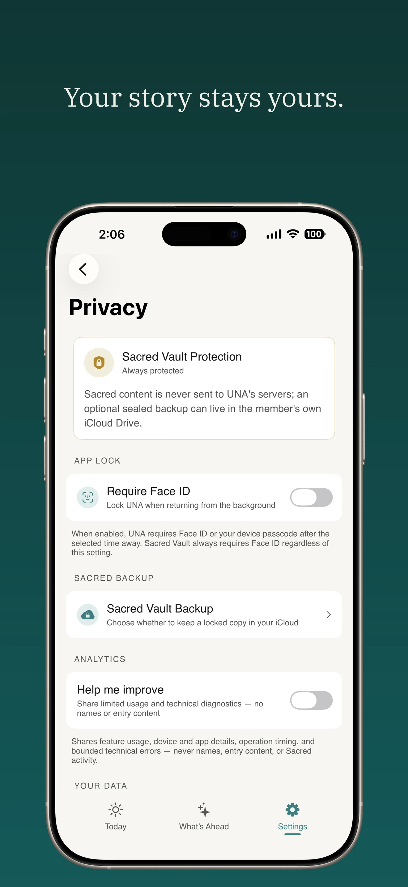 Privacy settings — “Your story stays yours.”