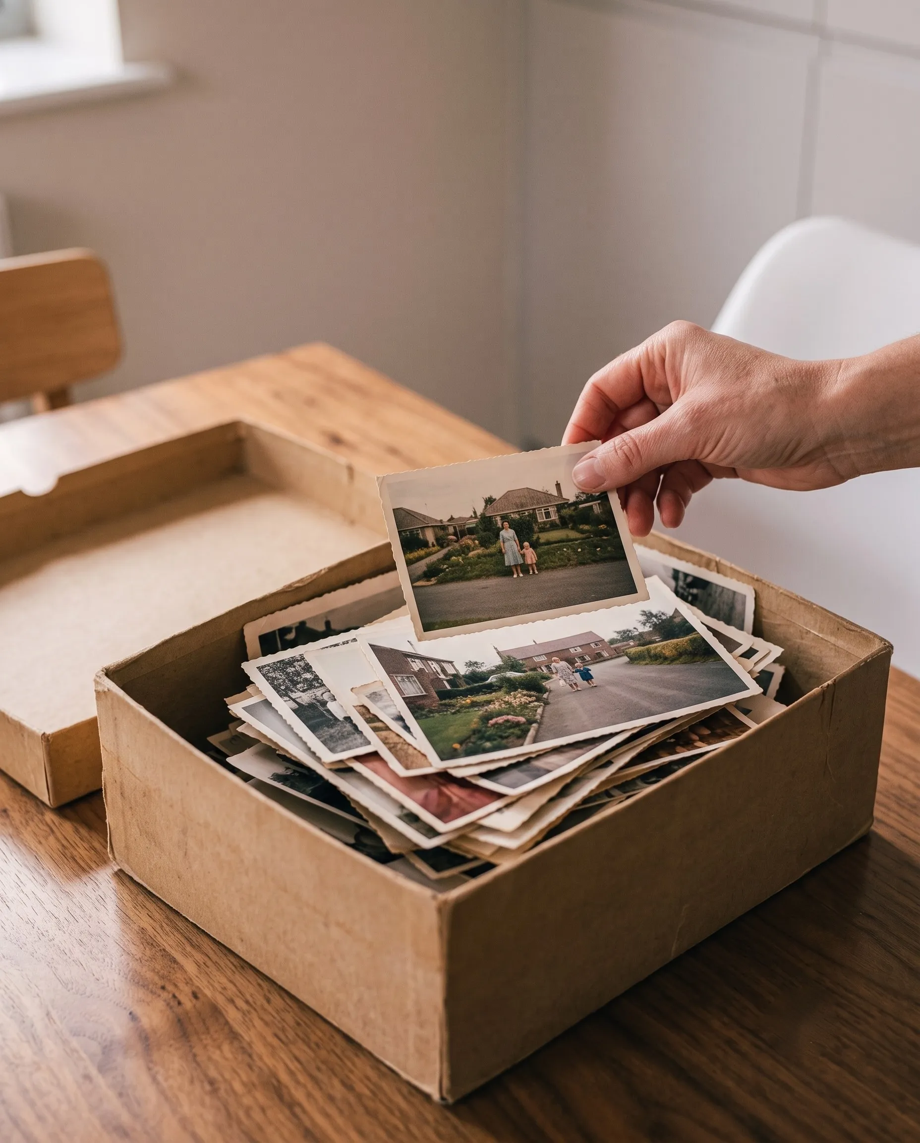 A hand reaching into a keepsake box of old family photographs