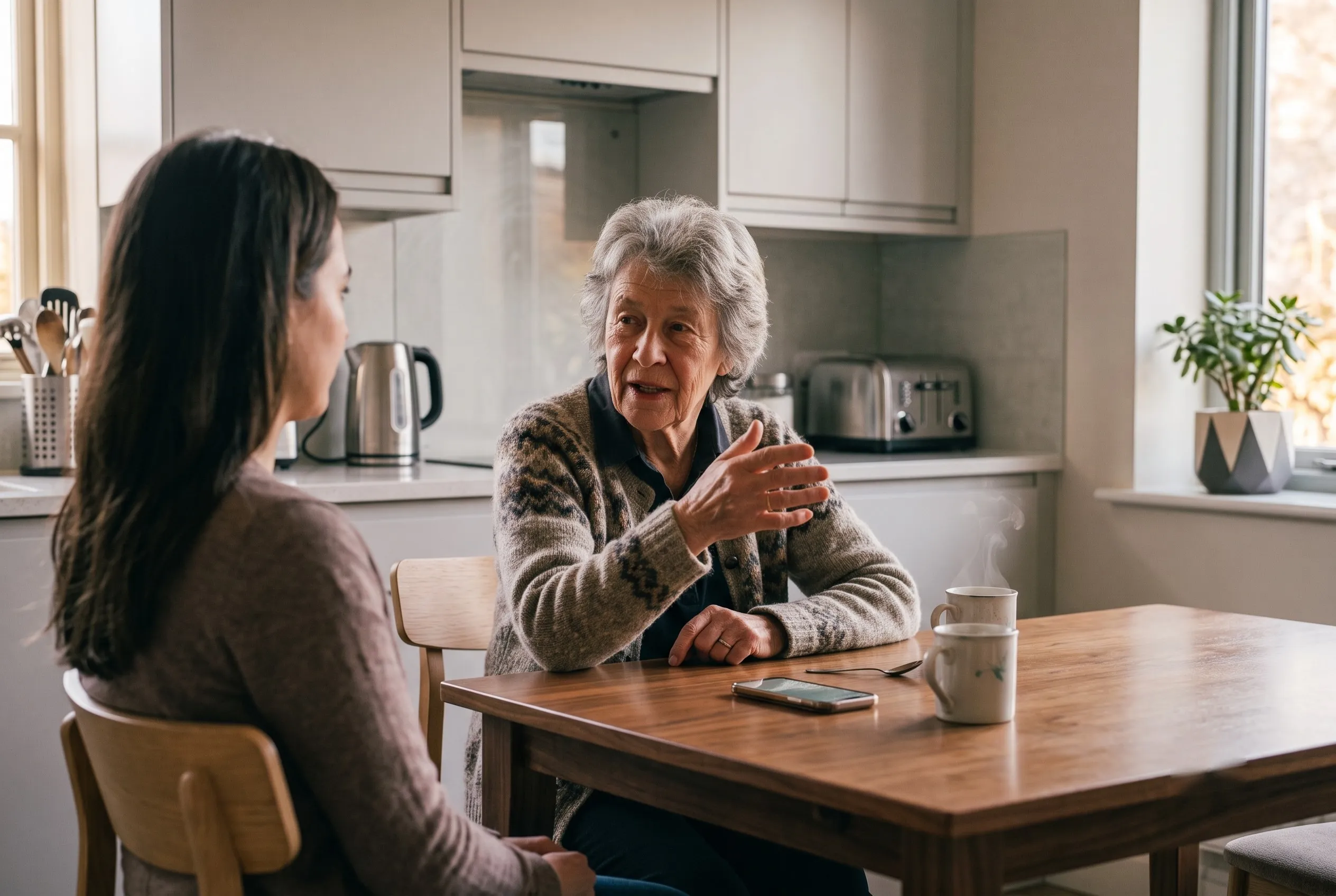 A grandmother telling a story at the kitchen table while her granddaughter listens