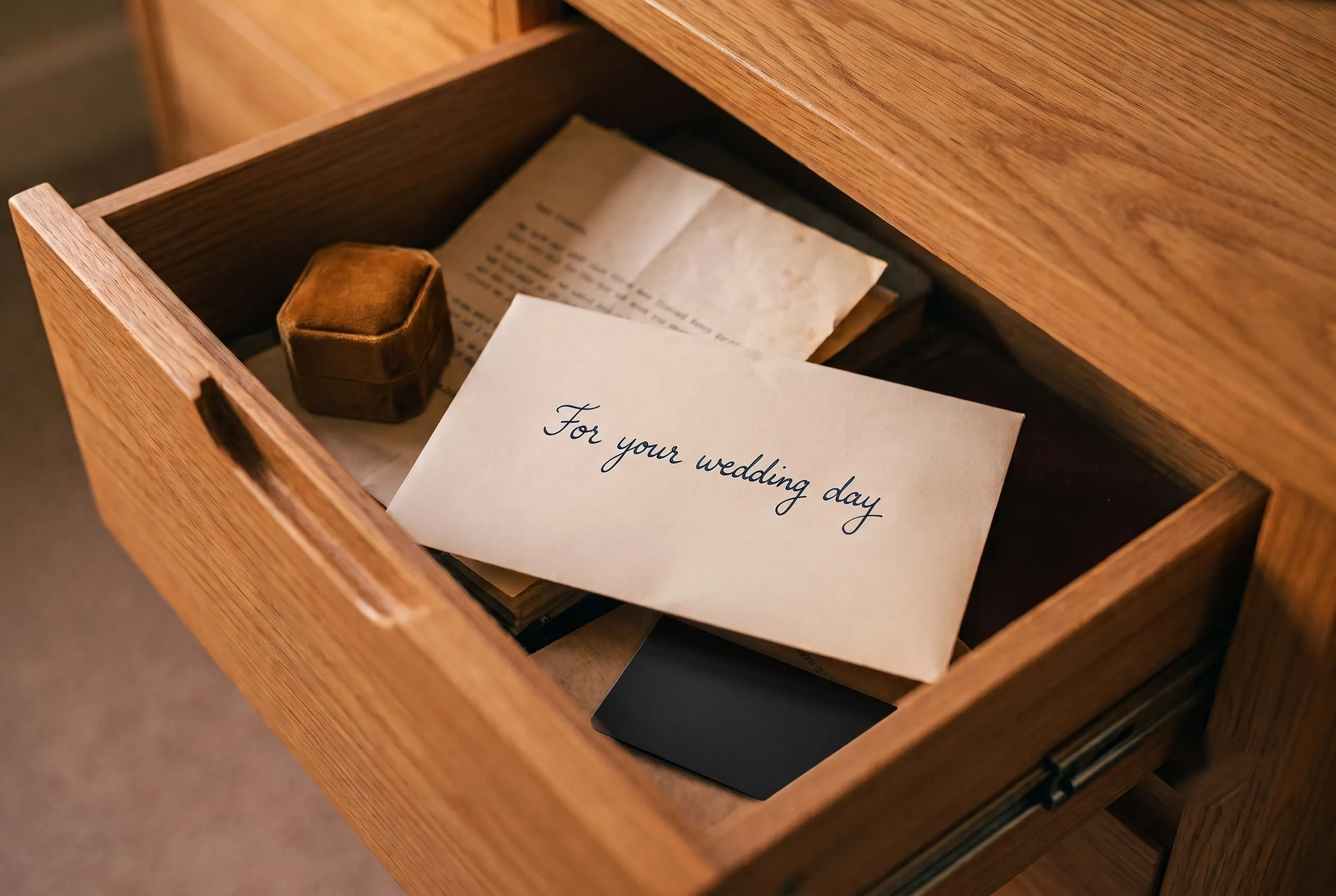 A handwritten envelope reading “For your wedding day” resting in an open drawer among keepsakes