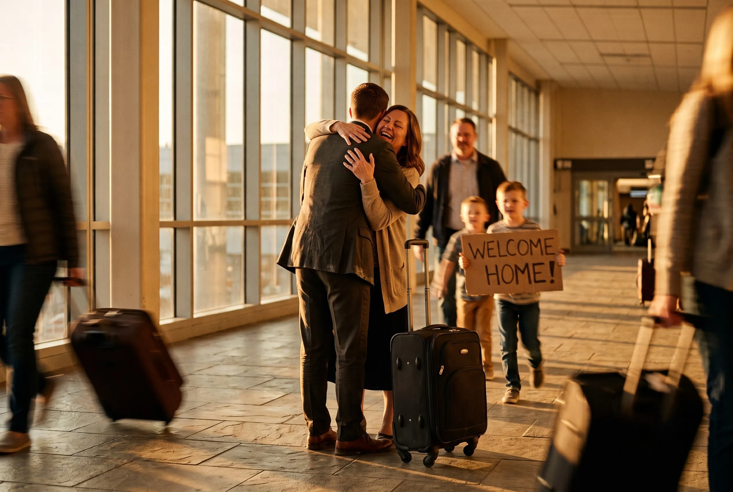 A returning missionary and his mother embracing at the airport as his family arrives with a hand-painted welcome sign