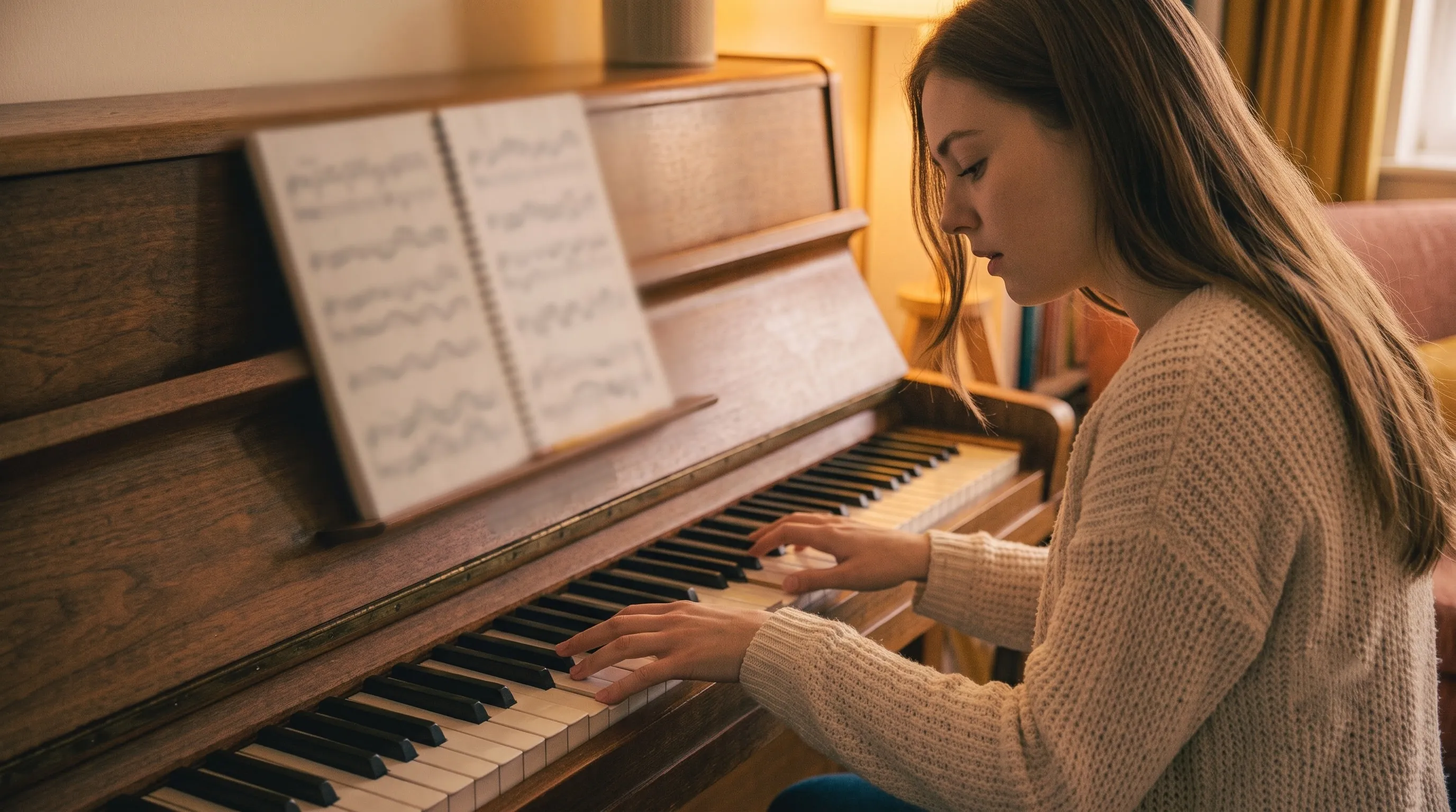 A young woman at a home upright piano, singing quietly as she plays, a notebook of handwritten pages open above the keys