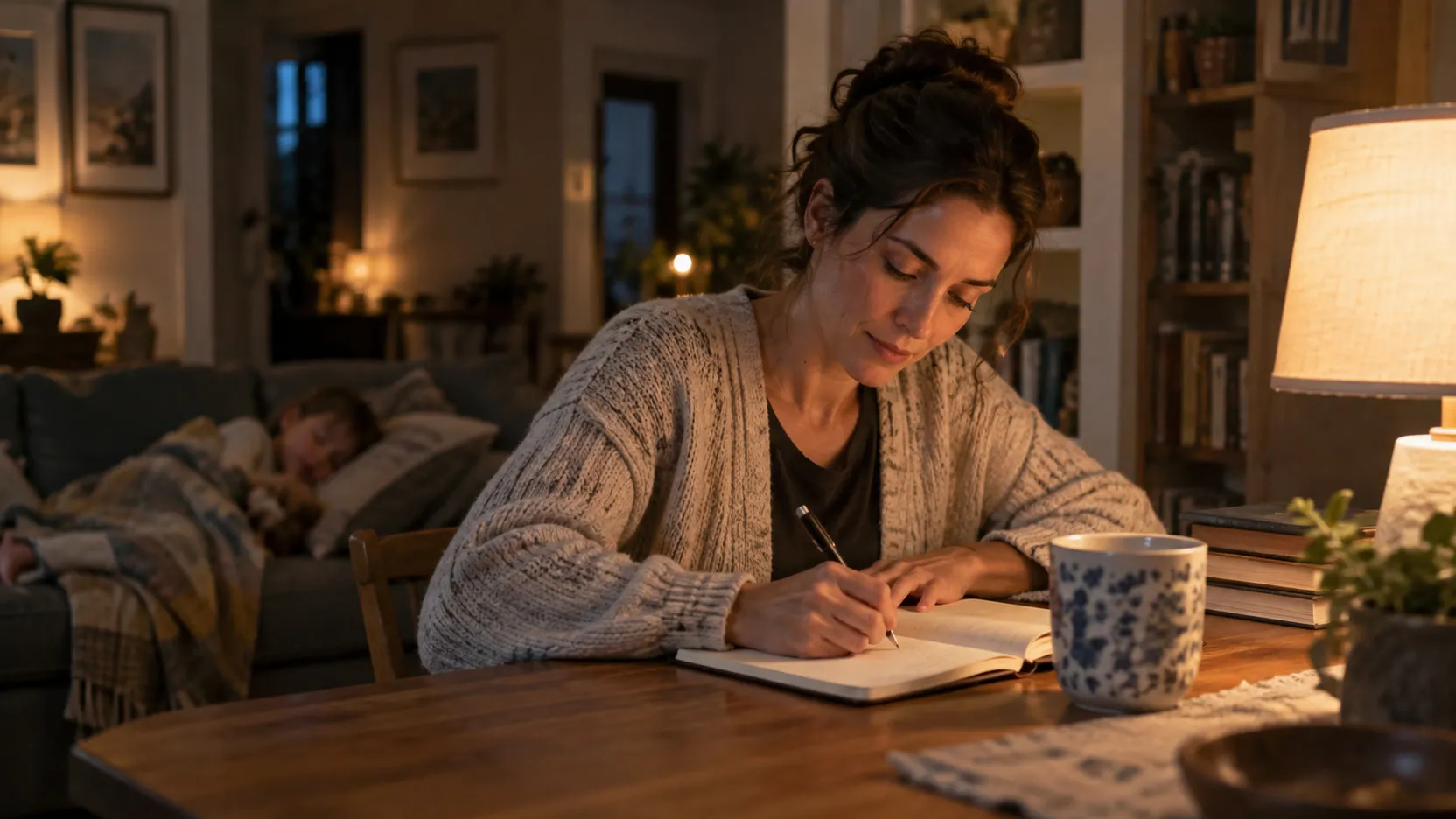 A woman writes in a notebook at a lamplit table while a child sleeps under a blanket on the couch behind her.