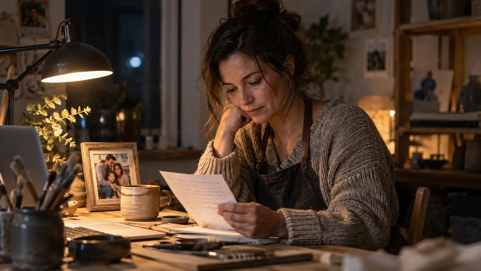 A woman reads a handwritten letter at a cluttered desk under a lamp, a framed family photo beside her.