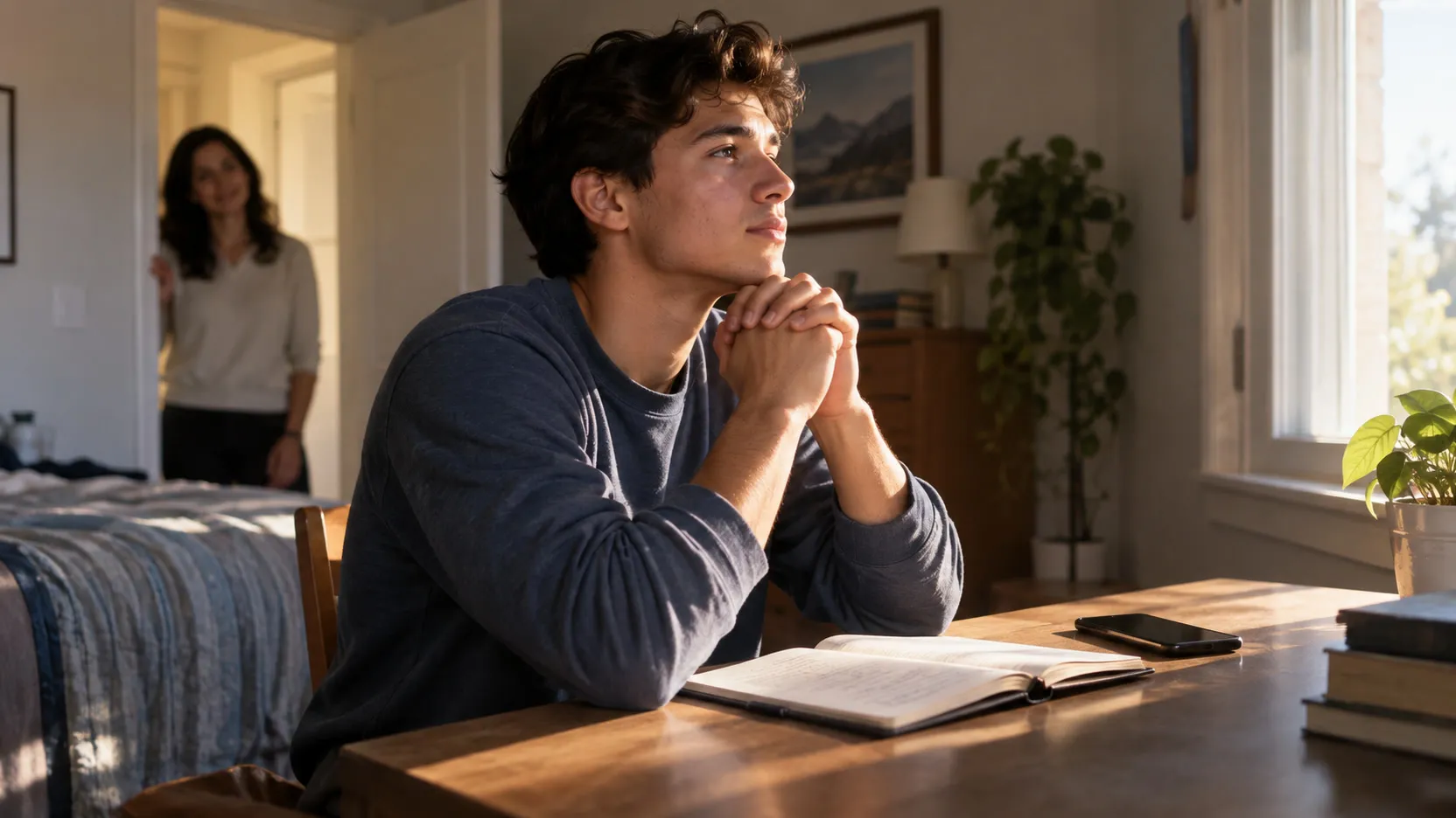 A young man sits at his desk with his hands clasped, looking up in thought, while a woman watches from the doorway.