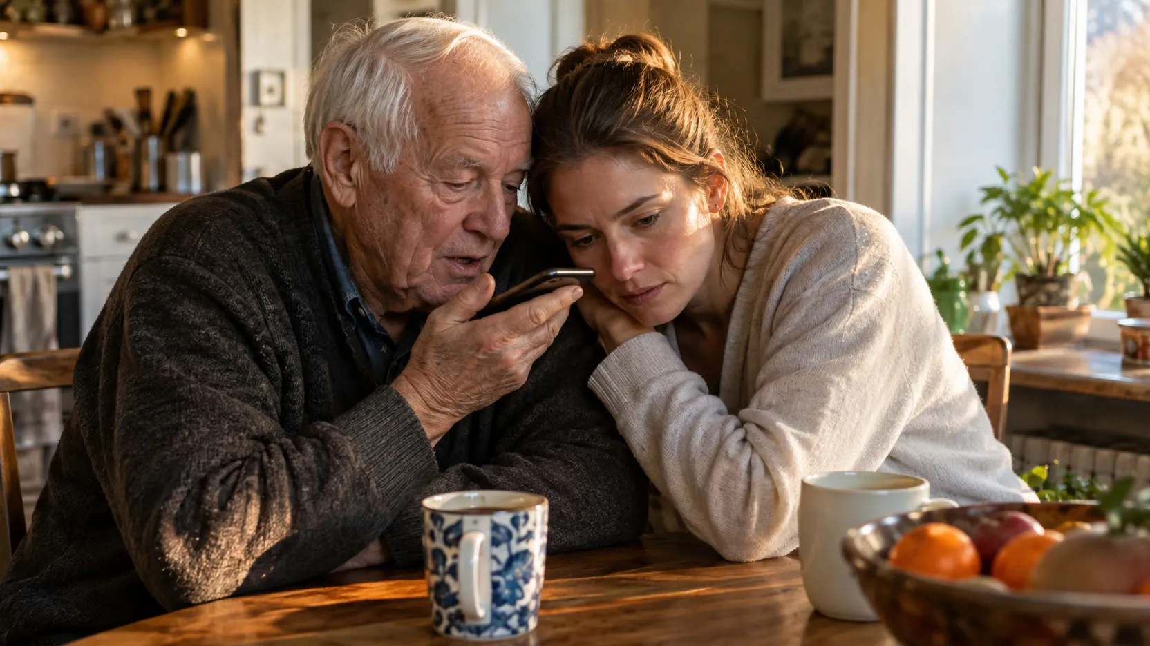 An older man and a young woman lean their heads together at a kitchen table, listening to a recording on his phone.
