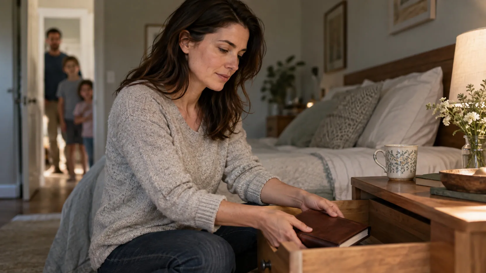 A woman tucks a small book into her nightstand drawer while a man and two children look in from the doorway.