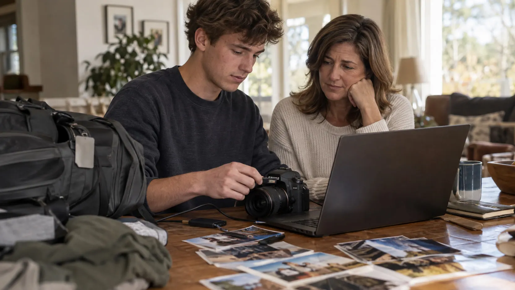 A young man with a camera and a laptop sorts printed photos with his mother, a packed bag on the table beside them.