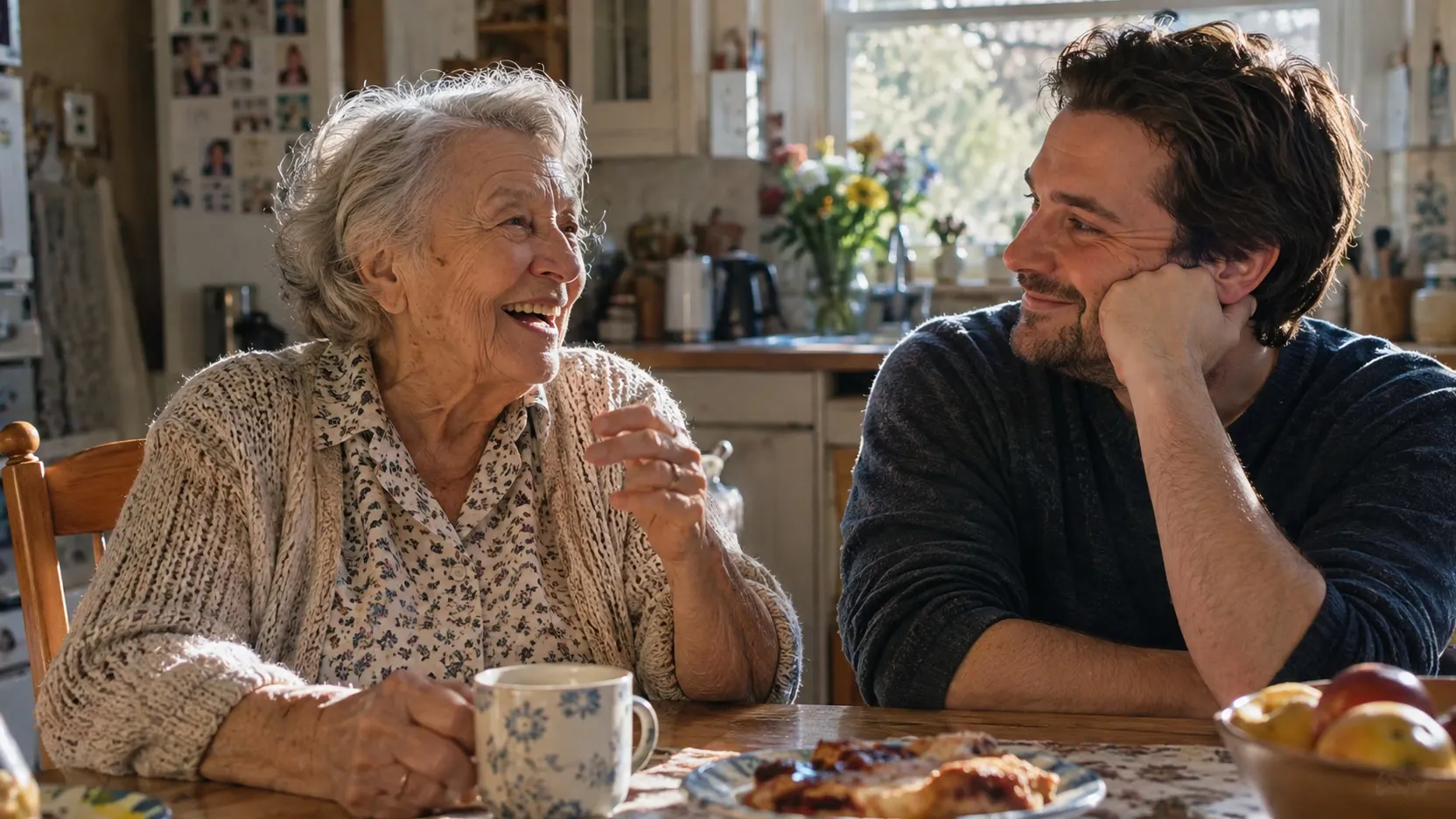 An elderly woman laughs mid-story with a smiling man across a kitchen table set with tea and pastries.