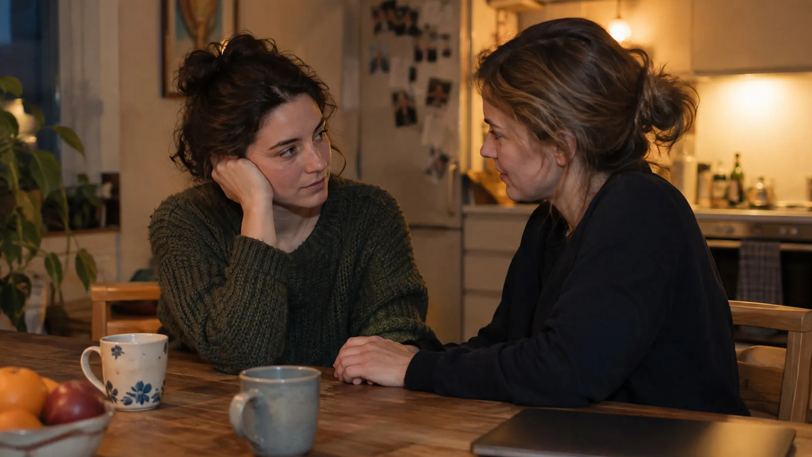 Two women talk quietly at a kitchen table in the evening, one resting her head on her hand as she listens.