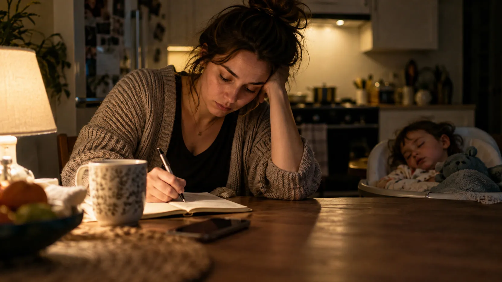 A tired woman writes a line in a notebook at the kitchen table late at night while a baby sleeps nearby.
