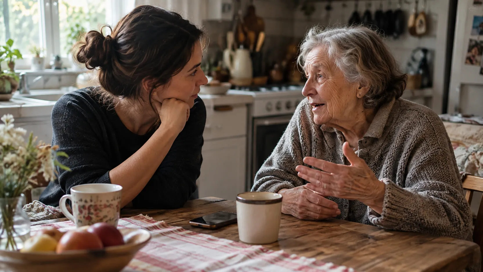 A young woman listens, chin in hand, as an older woman tells a story across a kitchen table.