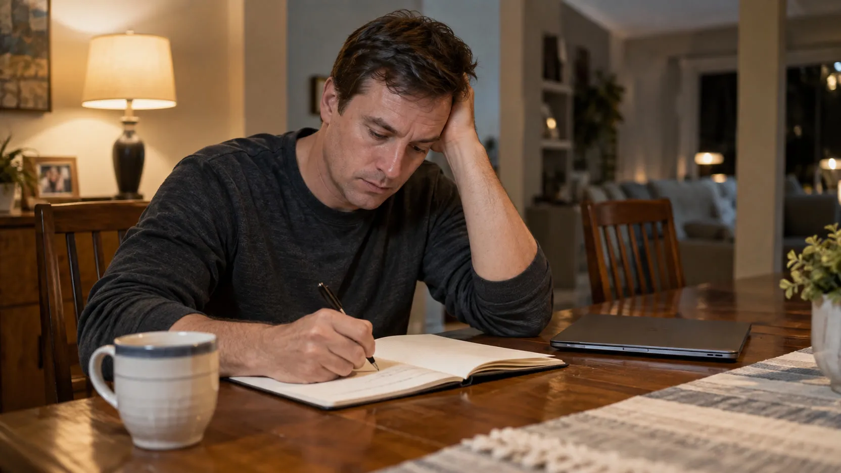 A man writes by hand in a notebook at a dining table in the evening, his laptop closed beside him.