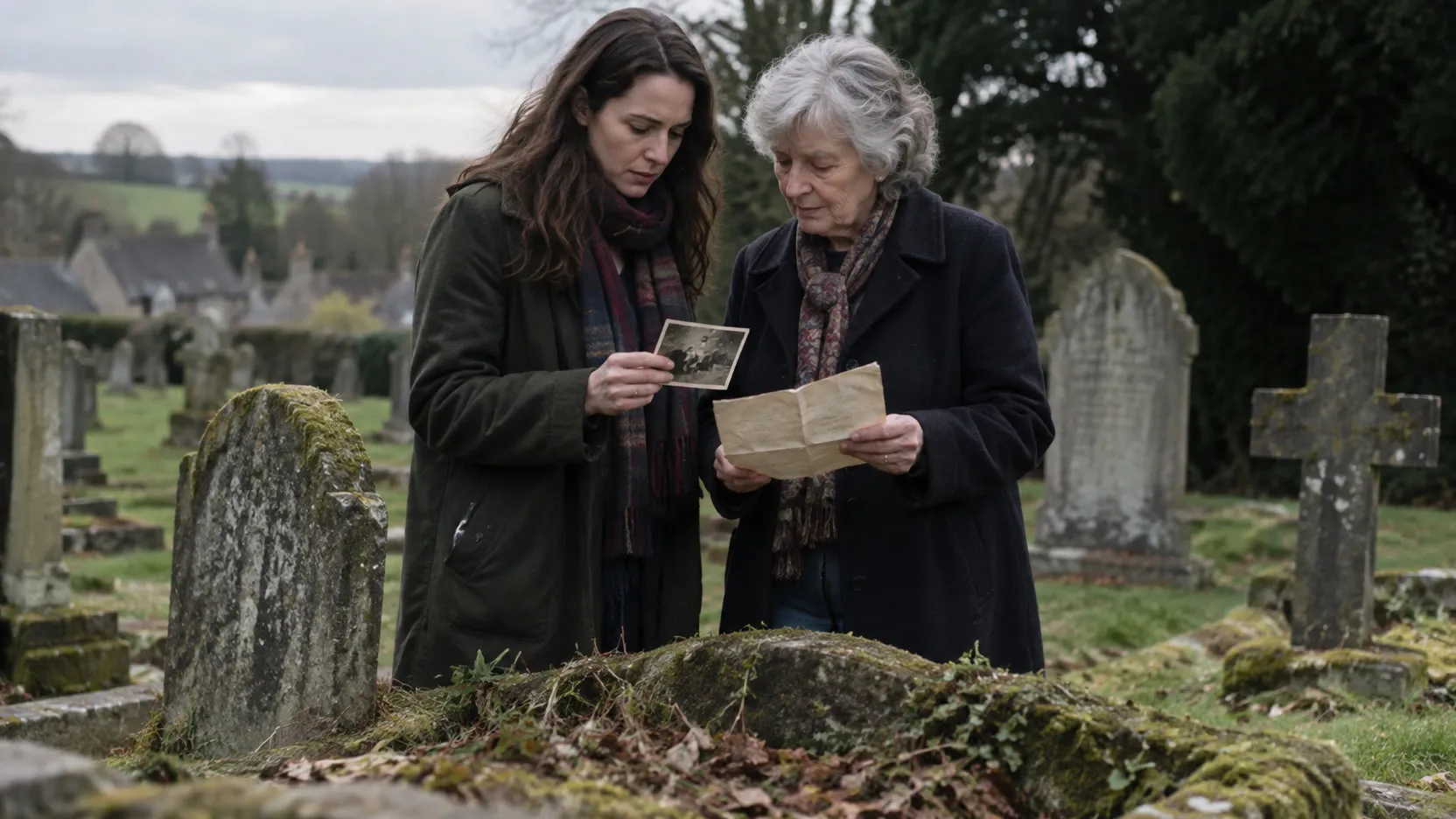 Two women stand among weathered headstones in a churchyard, comparing an old photograph with a letter.