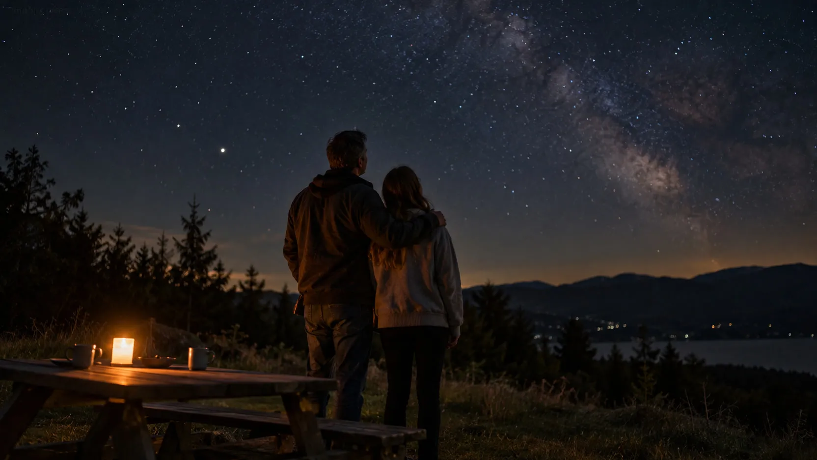 A couple stands on a hillside under the Milky Way, a single candle glowing on a picnic table beside them.