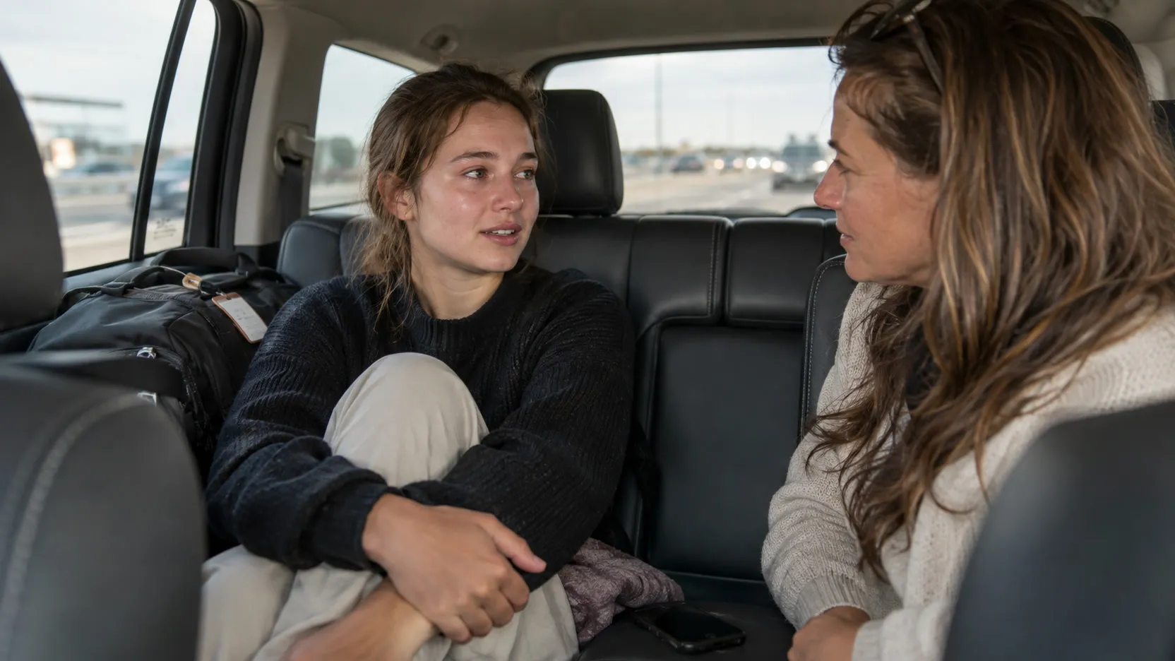A young woman sits with her knees drawn up in the back seat of a car, talking with an older woman, luggage piled behind them.