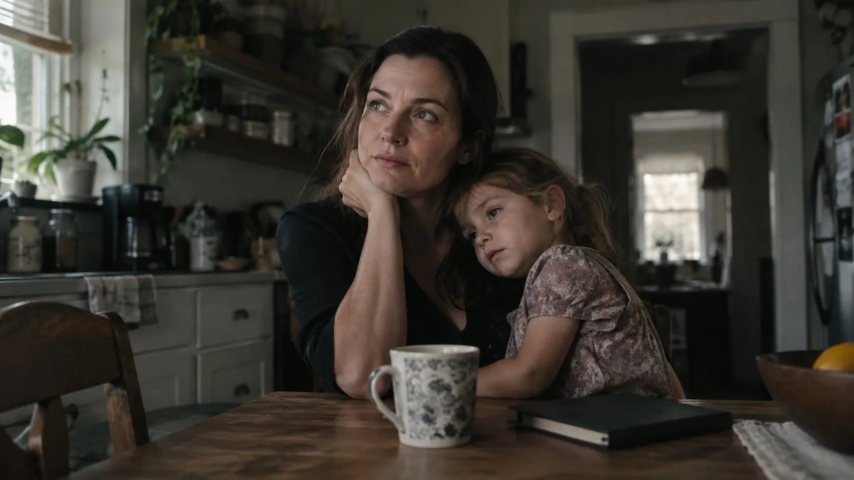 A woman sits at a kitchen table, lost in thought, while a young girl leans against her shoulder.