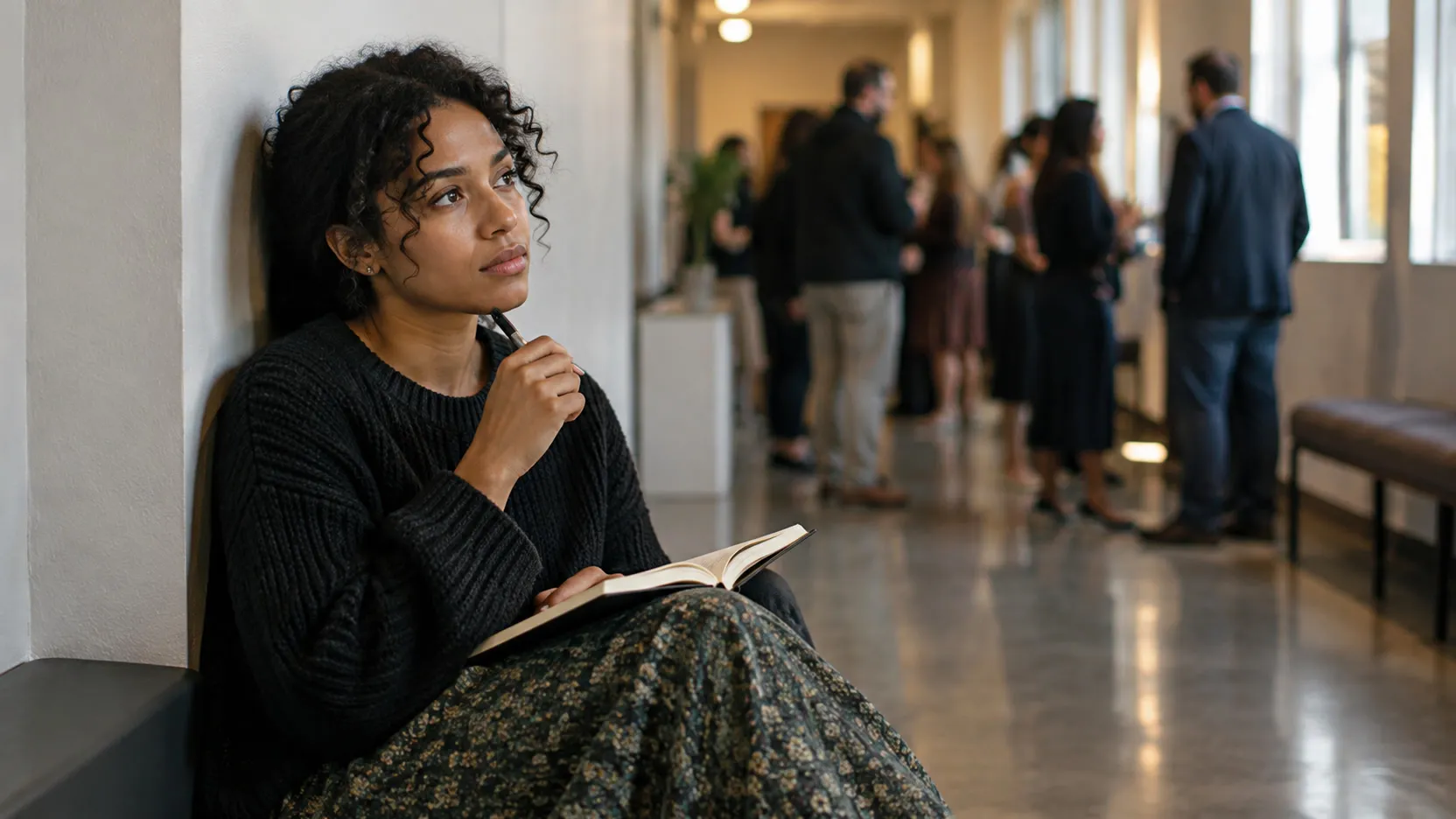 A young woman sits apart in a busy hallway with a notebook on her lap, thinking, while people talk in the background.