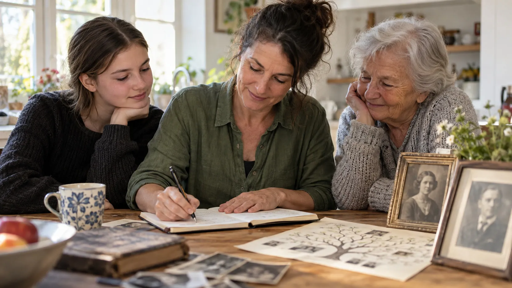 Three generations of women gather at a table with old framed portraits and a hand-drawn family tree while one of them writes.