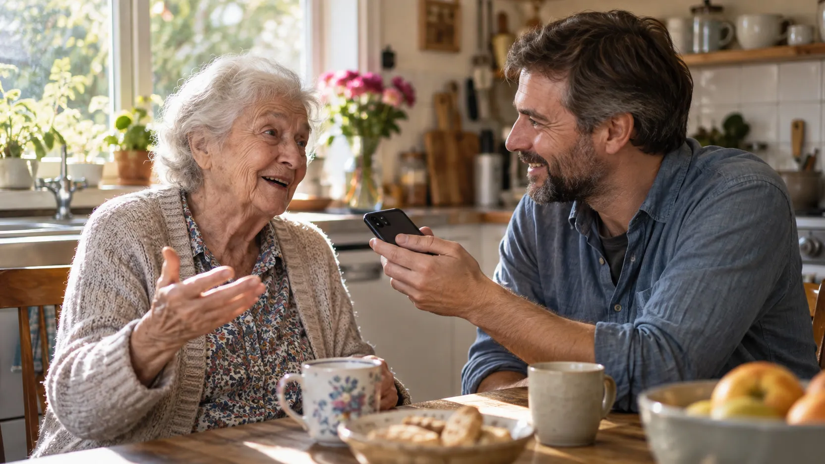 An elderly woman tells a story across a kitchen table while a man records her on his phone.