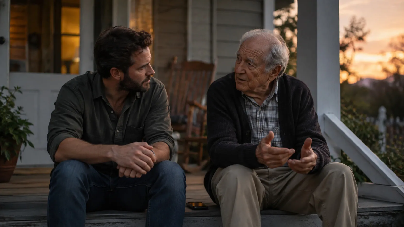 A man listens as an older man talks with open hands on a porch at sunset.