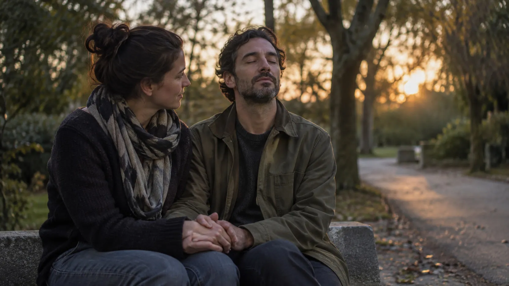 A couple sits close on a bench at sunset holding hands, his eyes closed as she looks at him.