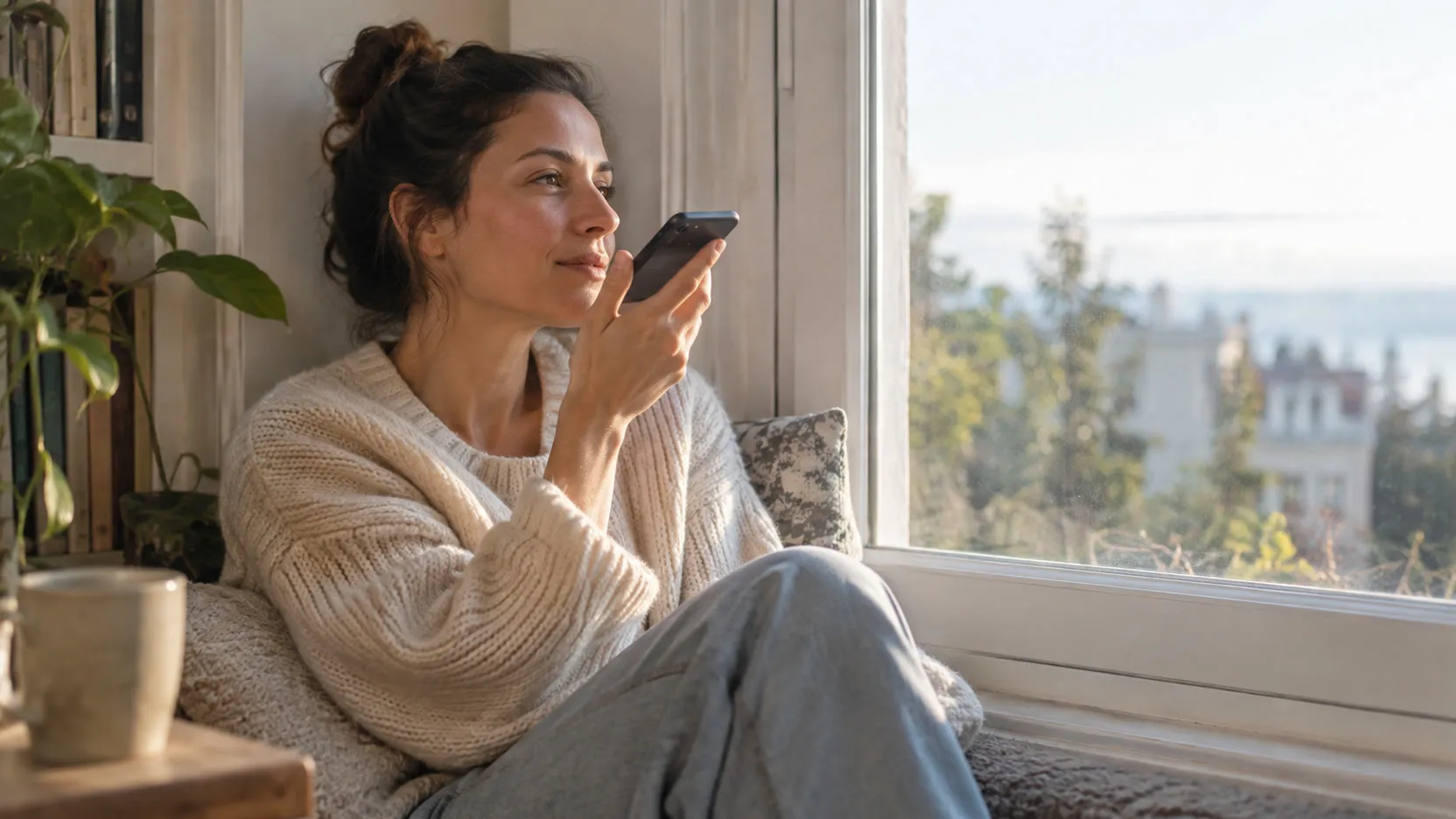 A woman in a sweater sits by a bright window, looking at her phone.