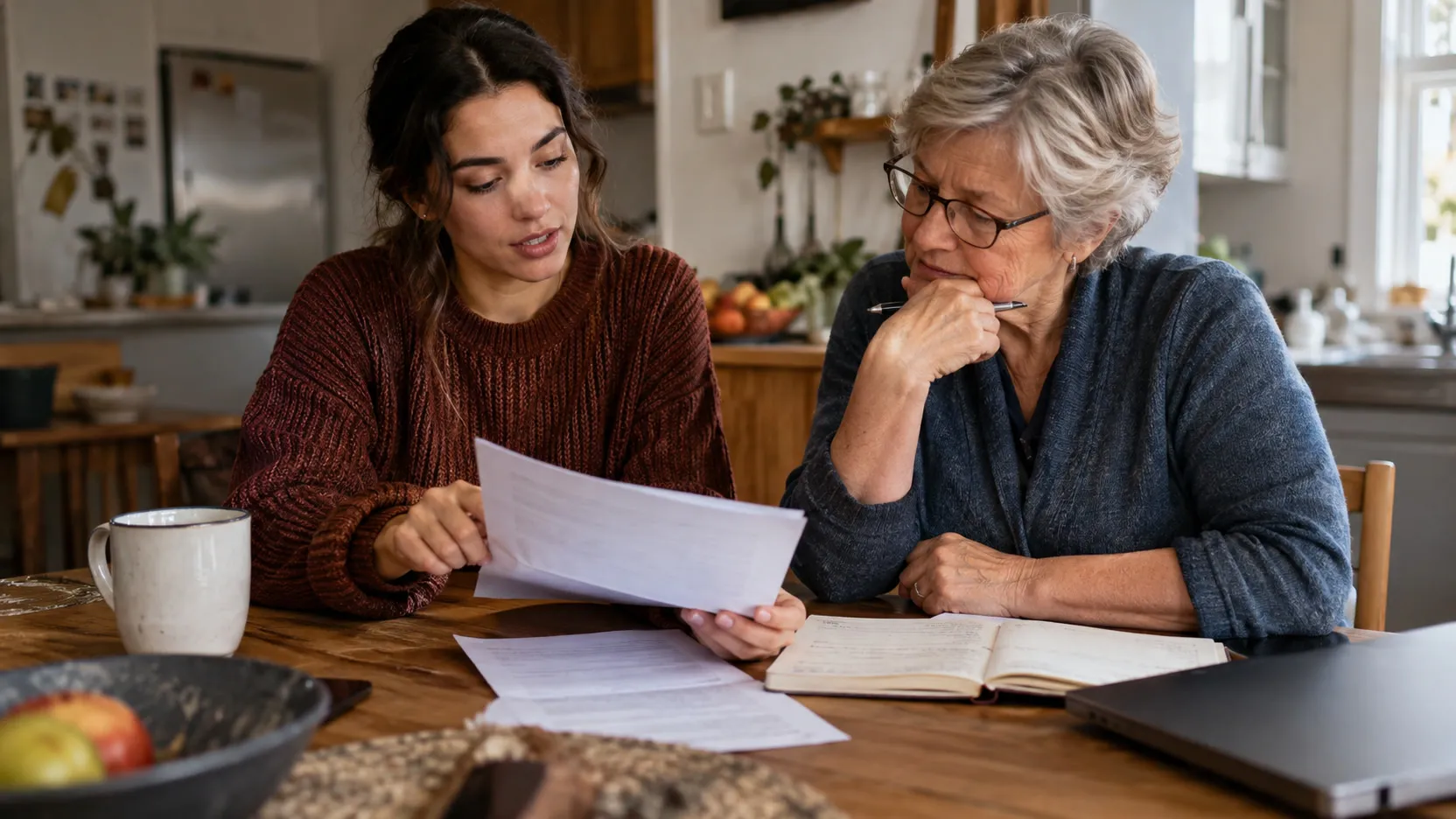 A young woman and an older woman read printed pages together at a kitchen table.