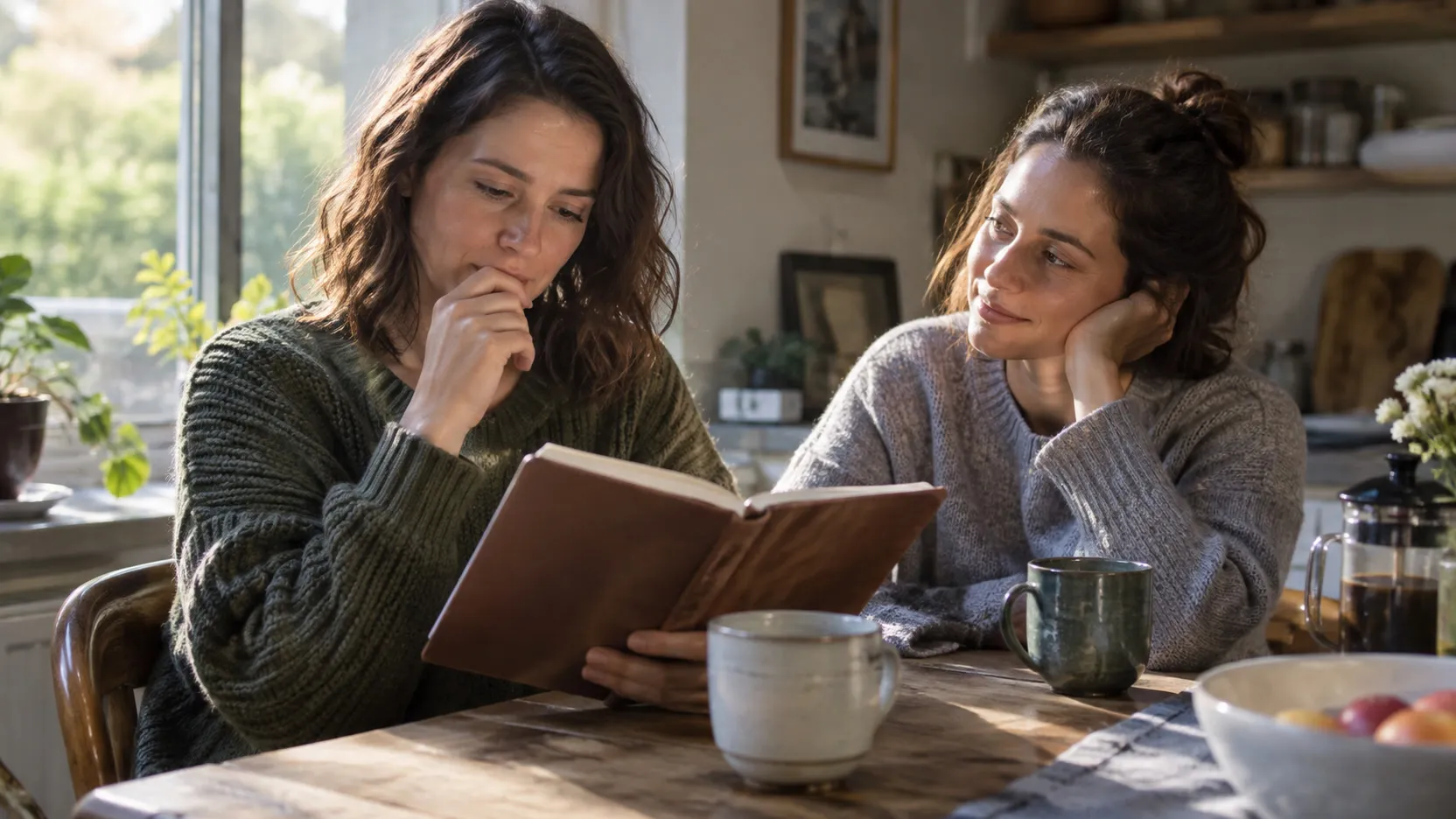 Two women sit at a table; one reads aloud from a book while the other listens, chin in hand.