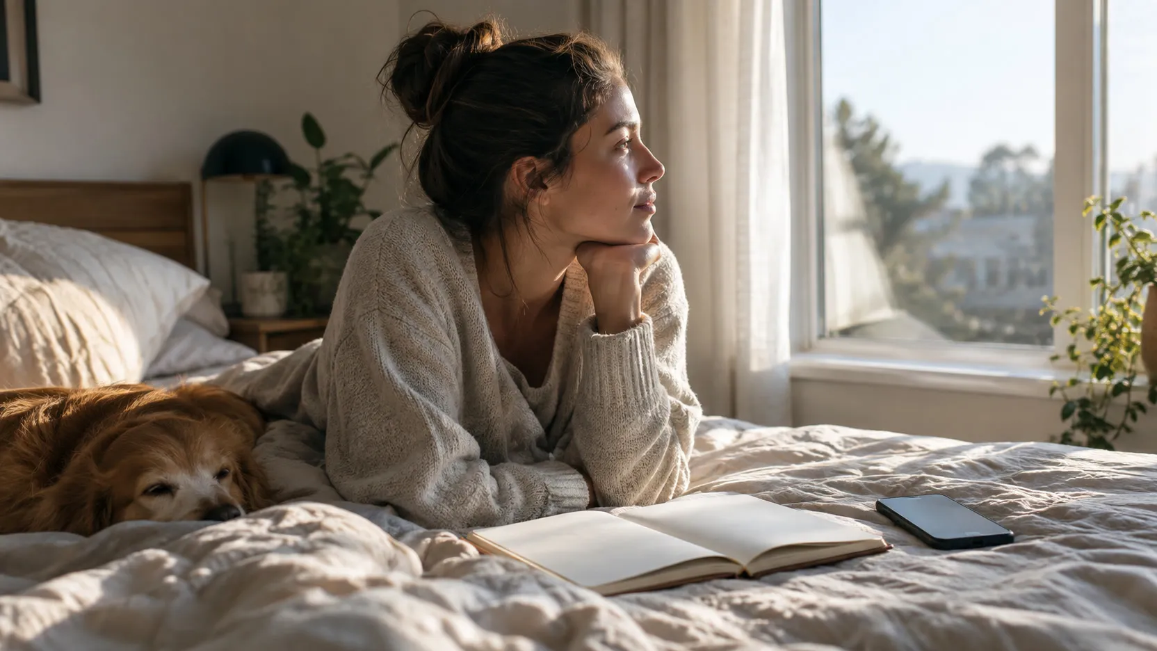 A woman lies on her bed beside a sleeping dog, gazing out the window, a notebook open in front of her.