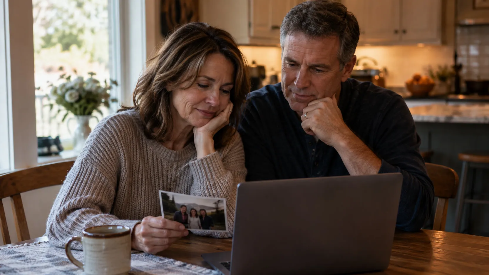 A couple looks at a printed photo and a laptop together at the kitchen table.